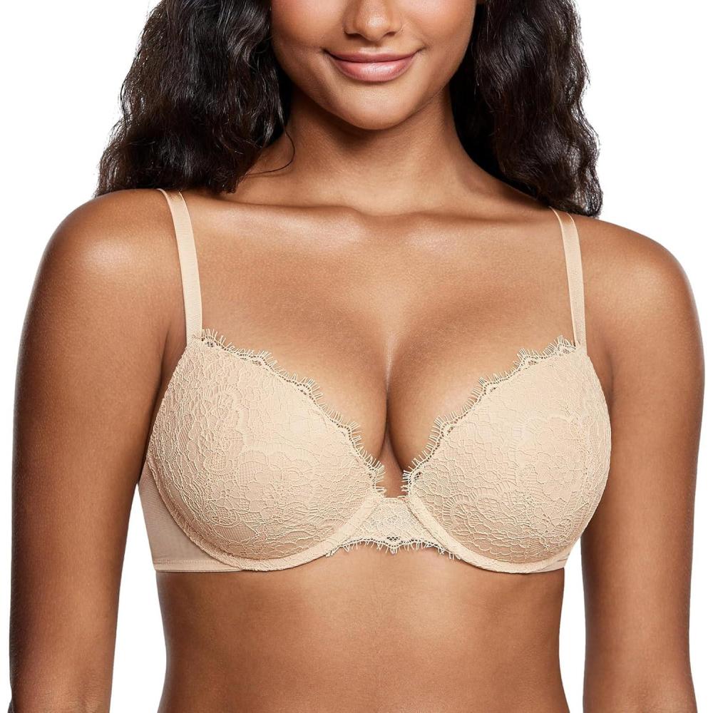 imageDOBREVA Womens Push Up Bra Lace Full Coverage Plunge Padded Support Underwire Bras Add 15 CupBeige