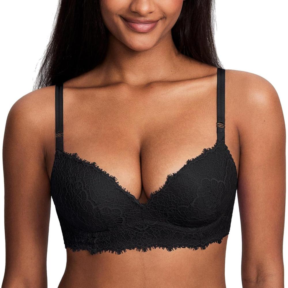 imageDOBREVA Womens Push Up Bra No Underwire Lace Comfortable Wireless Bras Padded Support Plunge BraletteBlack