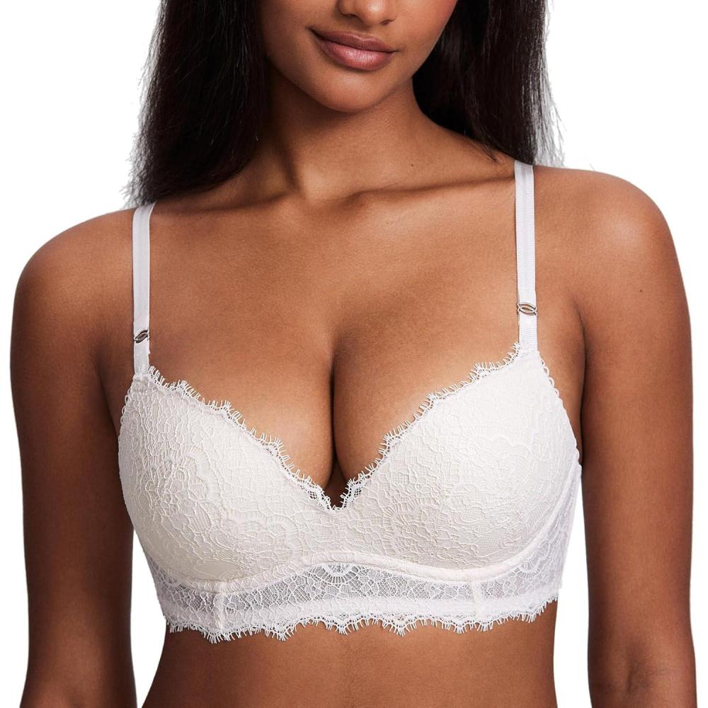 imageDOBREVA Womens Push Up Bra No Underwire Lace Comfortable Wireless Bras Padded Support Plunge BraletteCoconut White