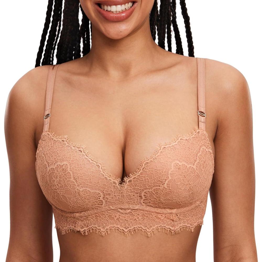 imageDOBREVA Womens Push Up Bra No Underwire Lace Comfortable Wireless Bras Padded Support Plunge BraletteCream Coffee