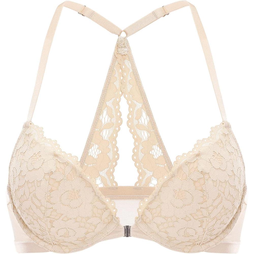 imageDOBREVA Womens Push Up Bra Racerback Front Closure Bras Lace Padded Underwire Plunge FloralBeige