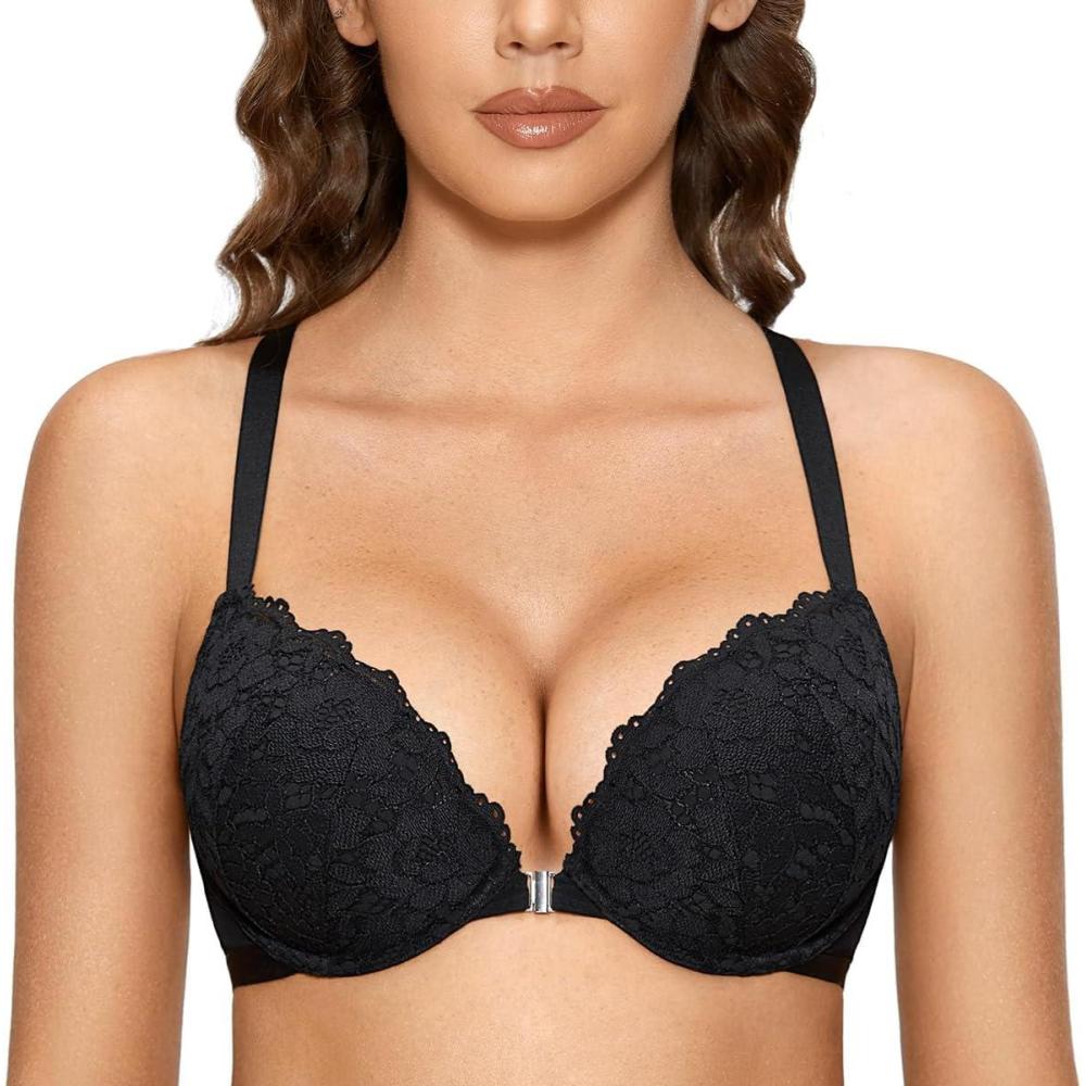 imageDOBREVA Womens Push Up Bra Racerback Front Closure Bras Lace Padded Underwire Plunge FloralBlack