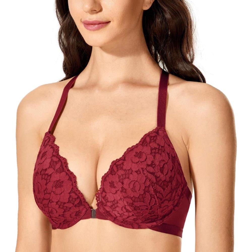 imageDOBREVA Womens Push Up Bra Racerback Front Closure Bras Lace Padded Underwire Plunge FloralCerise