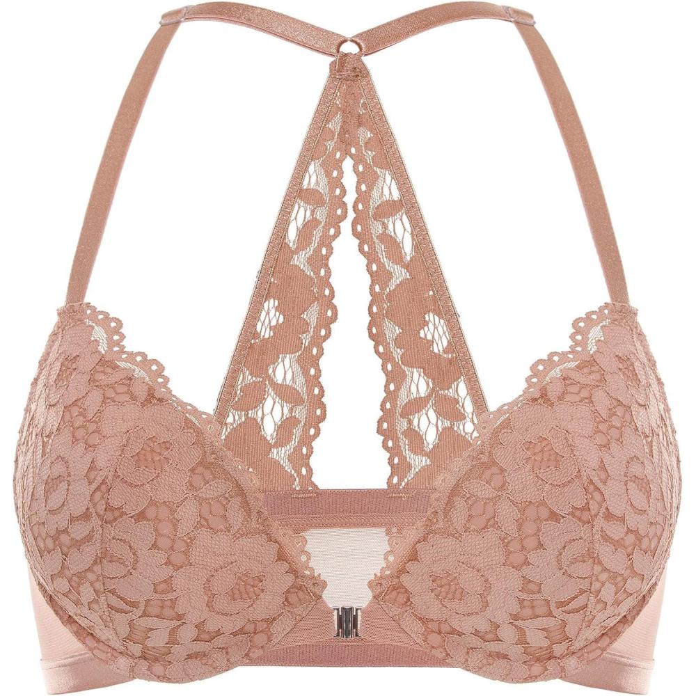 imageDOBREVA Womens Push Up Bra Racerback Front Closure Bras Lace Padded Underwire Plunge FloralCream Coffee