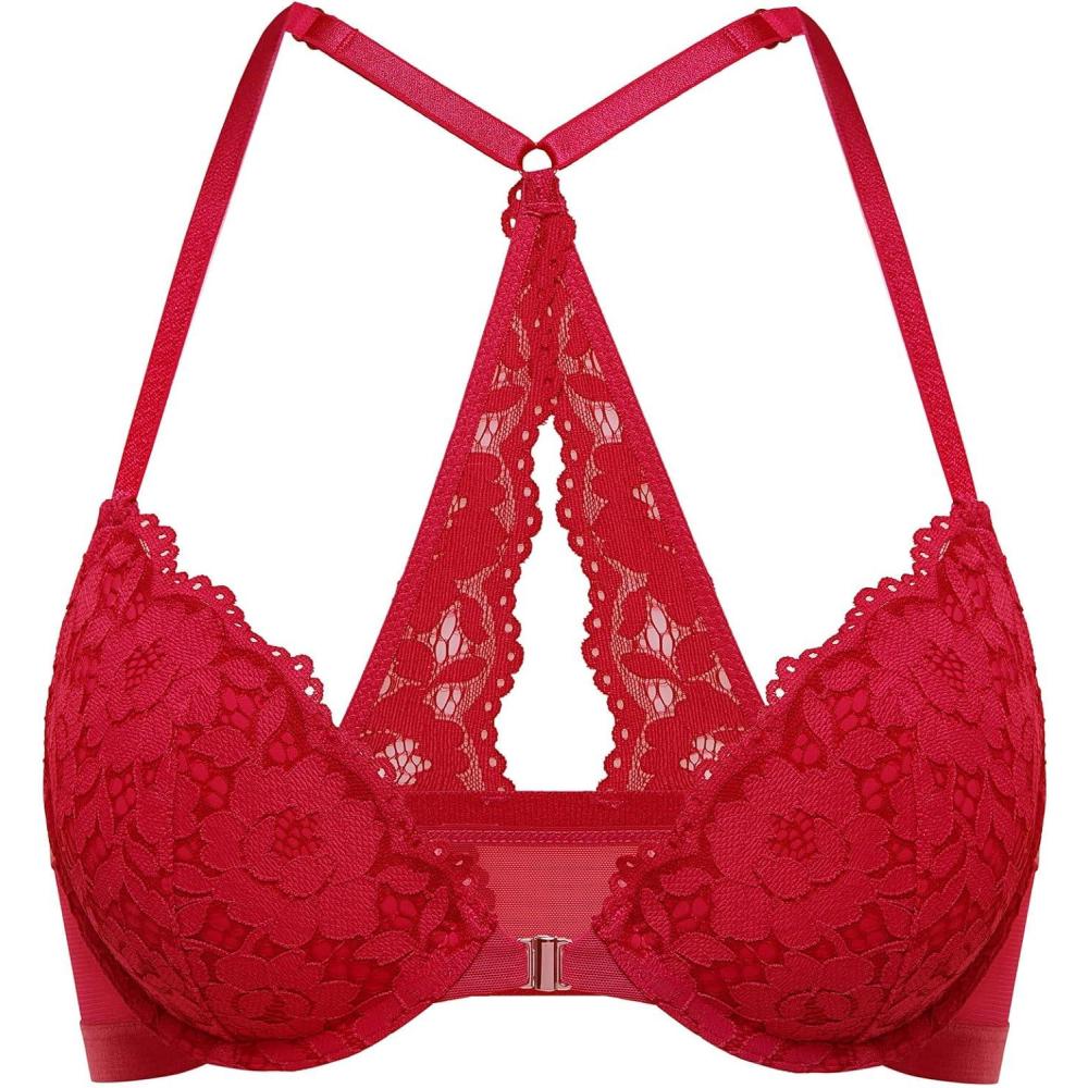 imageDOBREVA Womens Push Up Bra Racerback Front Closure Bras Lace Padded Underwire Plunge FloralLipstick Red