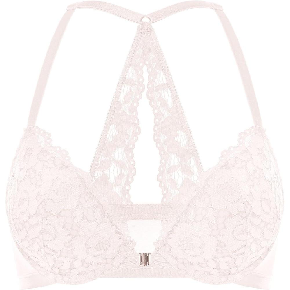 imageDOBREVA Womens Push Up Bra Racerback Front Closure Bras Lace Padded Underwire Plunge FloralRose White