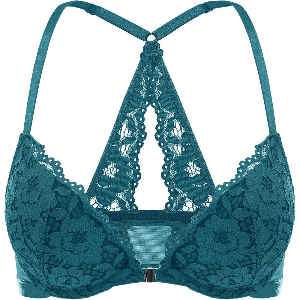 imageDOBREVA Womens Push Up Bra Racerback Front Closure Bras Lace Padded Underwire Plunge FloralSpruce Green