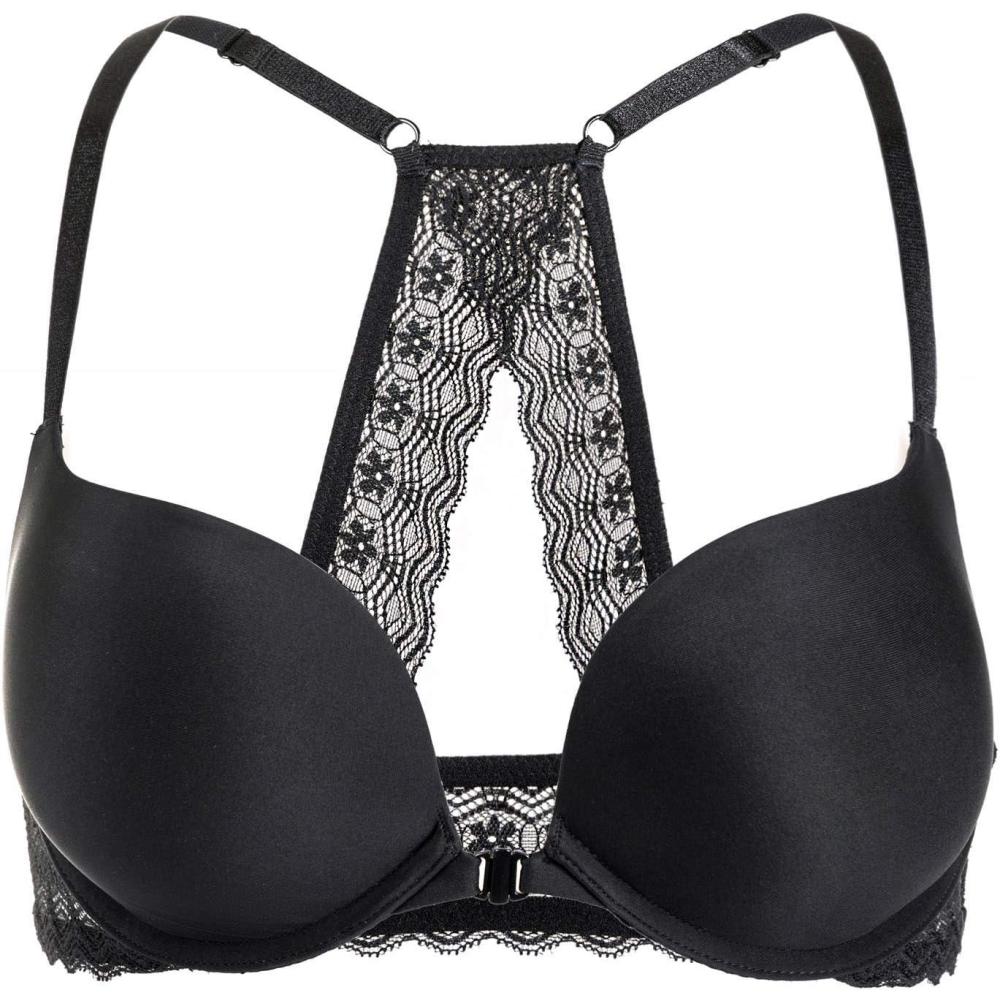 imageDOBREVA Womens Push Up Bra Racerback Front Closure Bras Plunge Underwire Tshirt Padded LaceBlack
