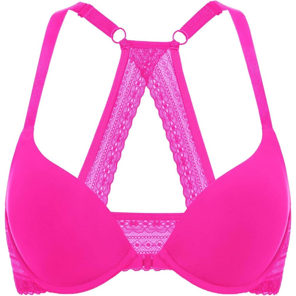 imageDOBREVA Womens Push Up Bra Racerback Front Closure Bras Plunge Underwire Tshirt Padded LaceGlitter Pink