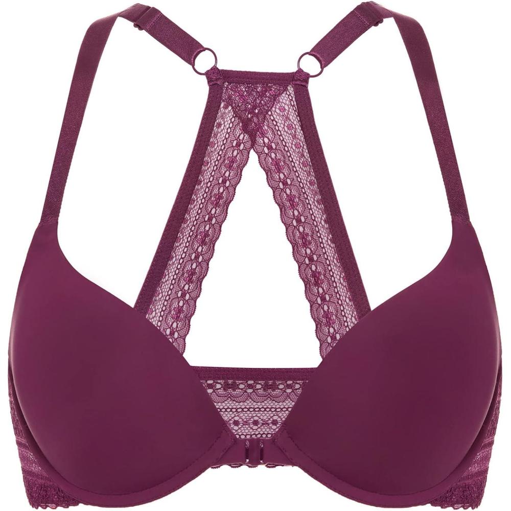 imageDOBREVA Womens Push Up Bra Racerback Front Closure Bras Plunge Underwire Tshirt Padded LaceGrape Wine