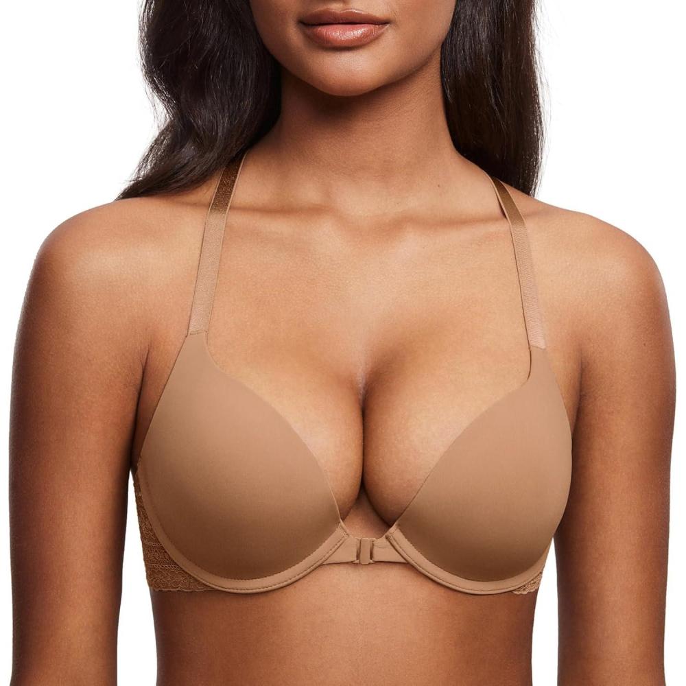 imageDOBREVA Womens Push Up Bra Racerback Front Closure Bras Plunge Underwire Tshirt Padded LaceGravel Beige