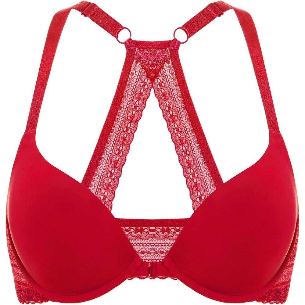 imageDOBREVA Womens Push Up Bra Racerback Front Closure Bras Plunge Underwire Tshirt Padded LaceLipstick Red