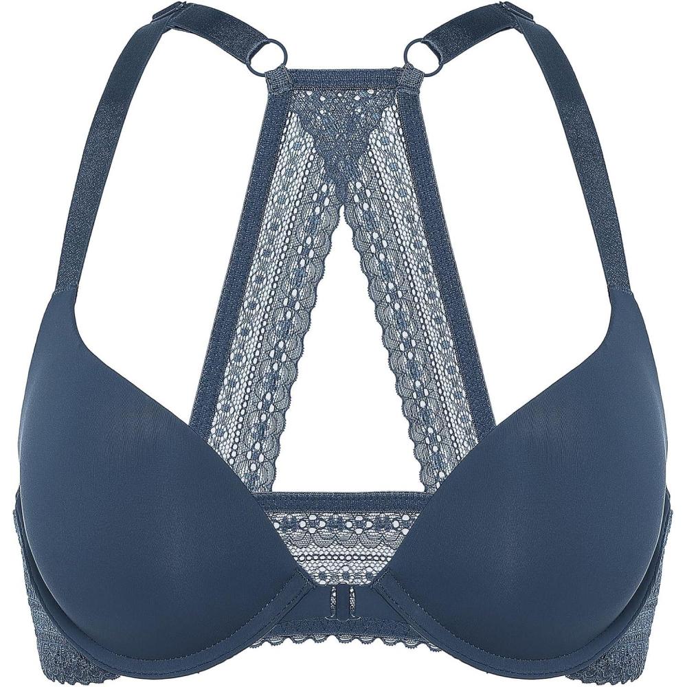 imageDOBREVA Womens Push Up Bra Racerback Front Closure Bras Plunge Underwire Tshirt Padded LaceSargasso