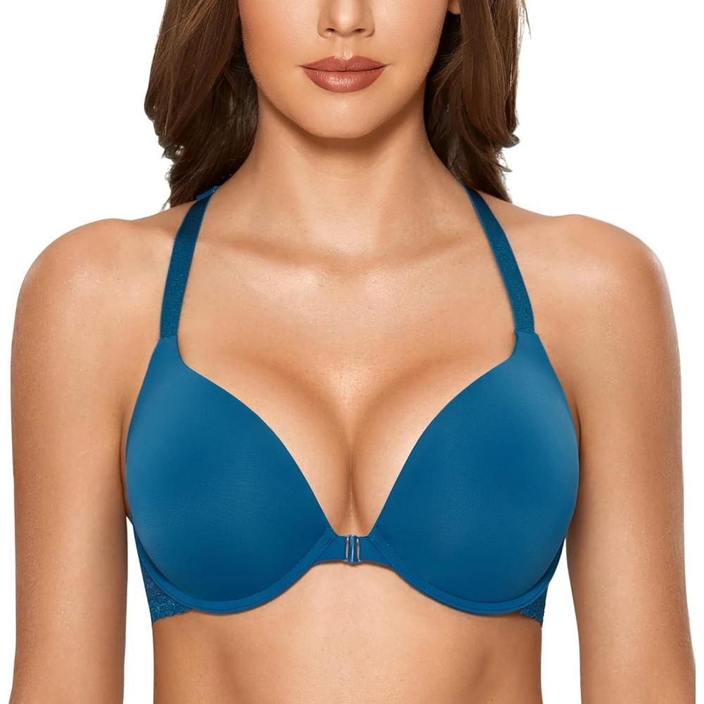 imageDOBREVA Womens Push Up Bra Racerback Front Closure Bras Plunge Underwire Tshirt Padded LaceShadow Blue