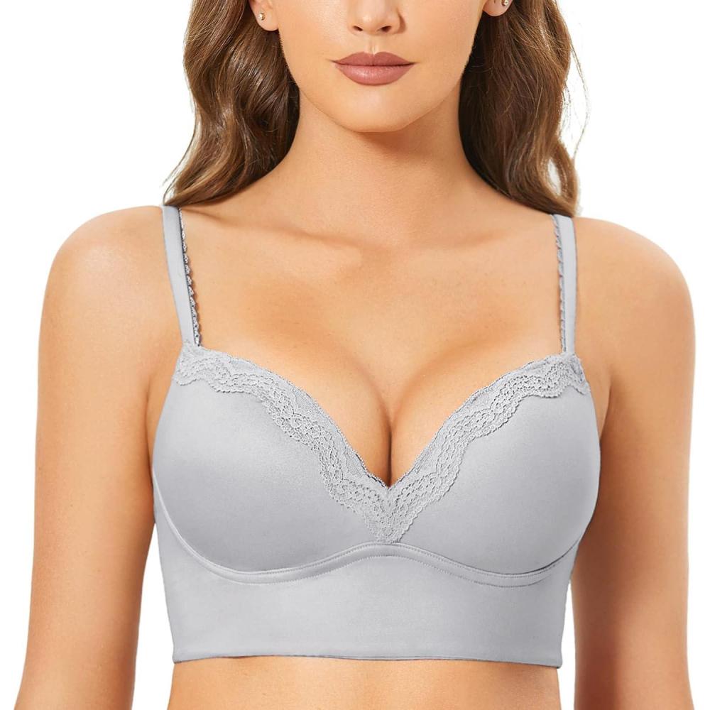 imageDOBREVA Womens Push Up Bra Wireless Padded No Underwire Back Smoothing Bralettes Sports BrasOpal Gray