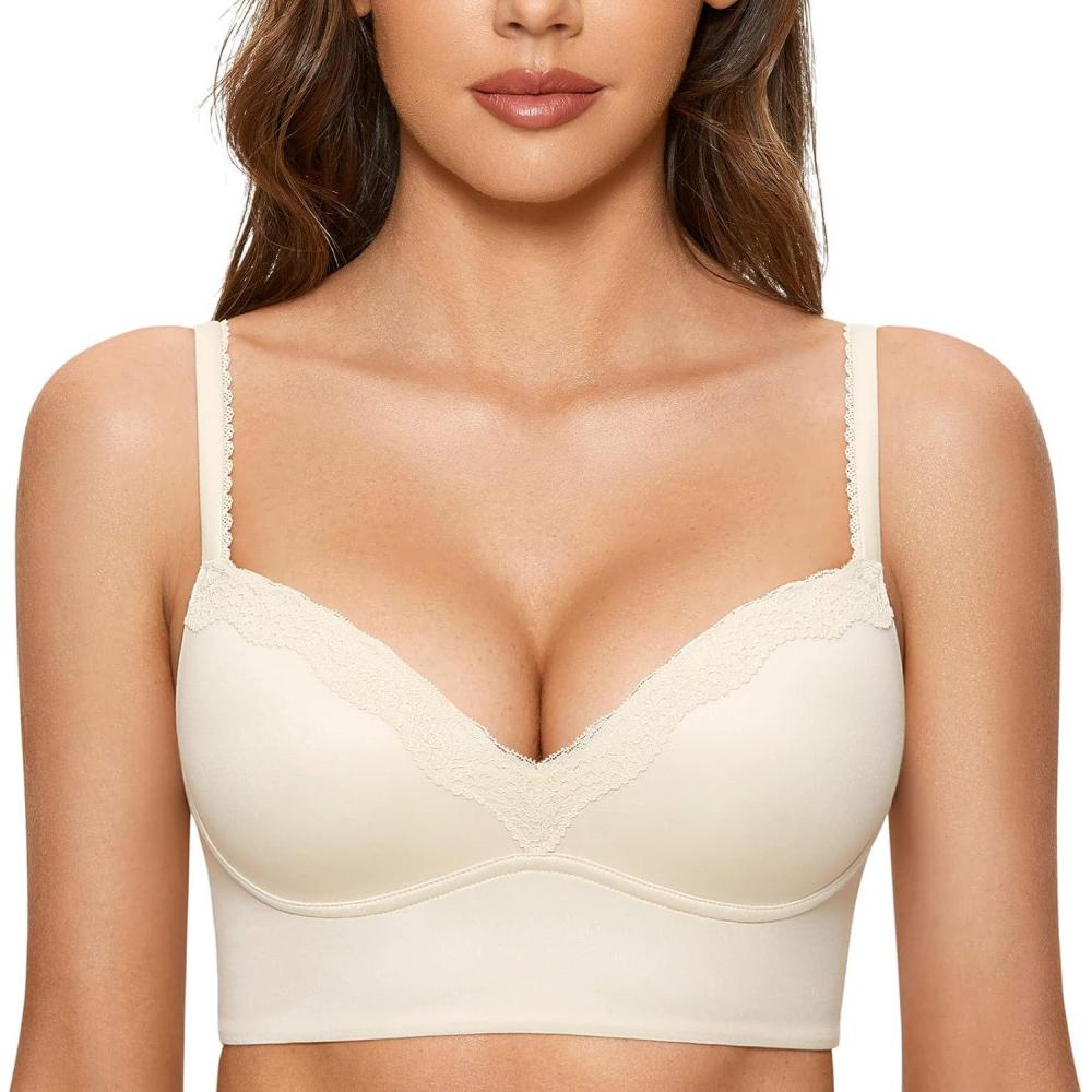 imageDOBREVA Womens Push Up Bra Wireless Padded No Underwire Back Smoothing Bralettes Sports BrasParchment