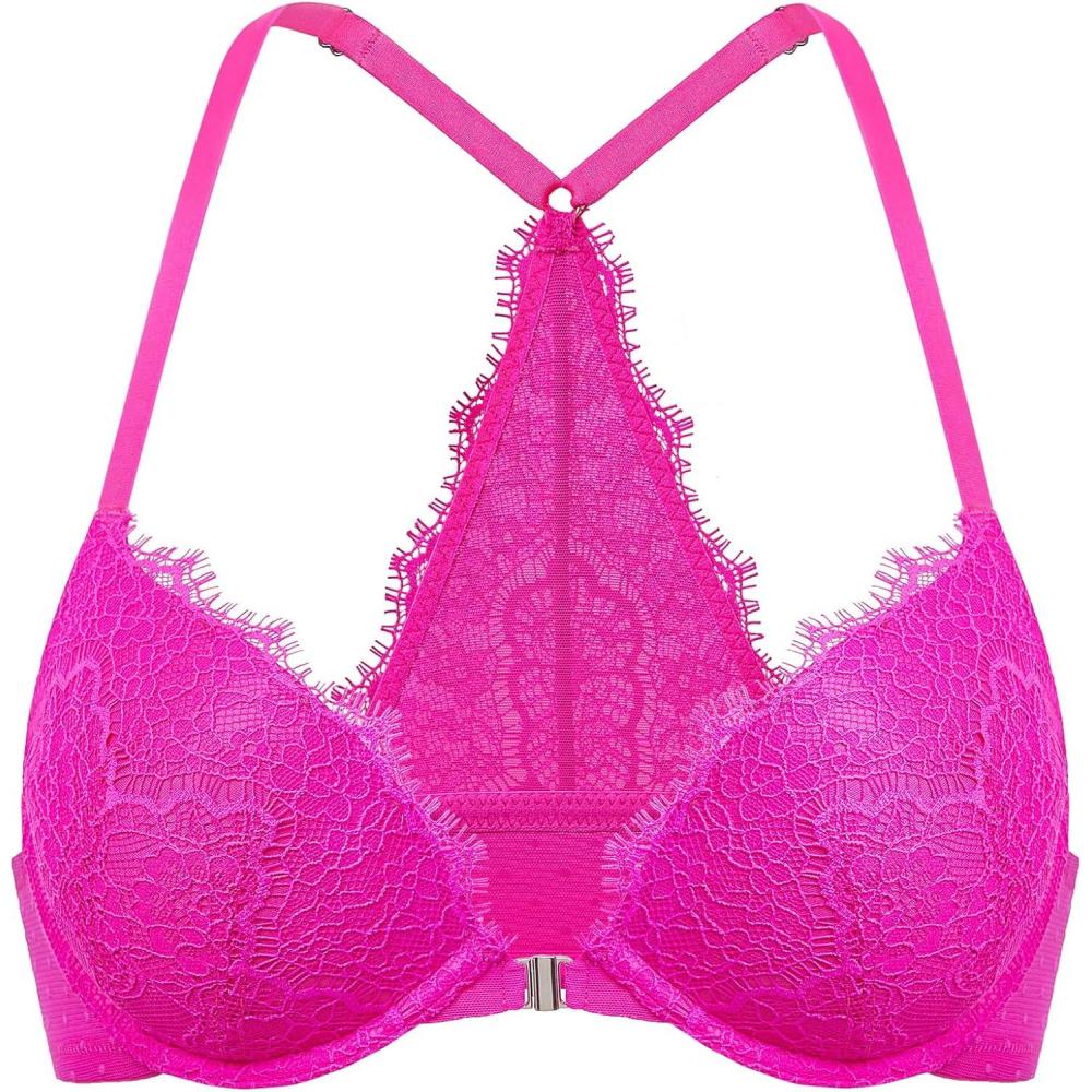 imageDOBREVA Womens Push Up Racerback Bra Front Closure Lace Halter Plunge Bras Padded Full Coverage UnderwireBright Fuchsia
