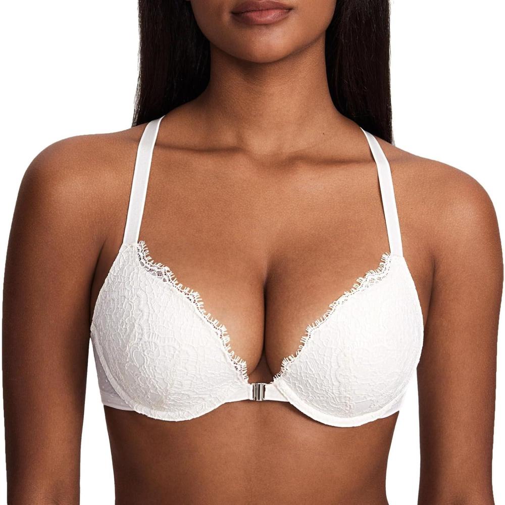 imageDOBREVA Womens Push Up Racerback Bra Front Closure Lace Halter Plunge Bras Padded Full Coverage UnderwireCoconut White