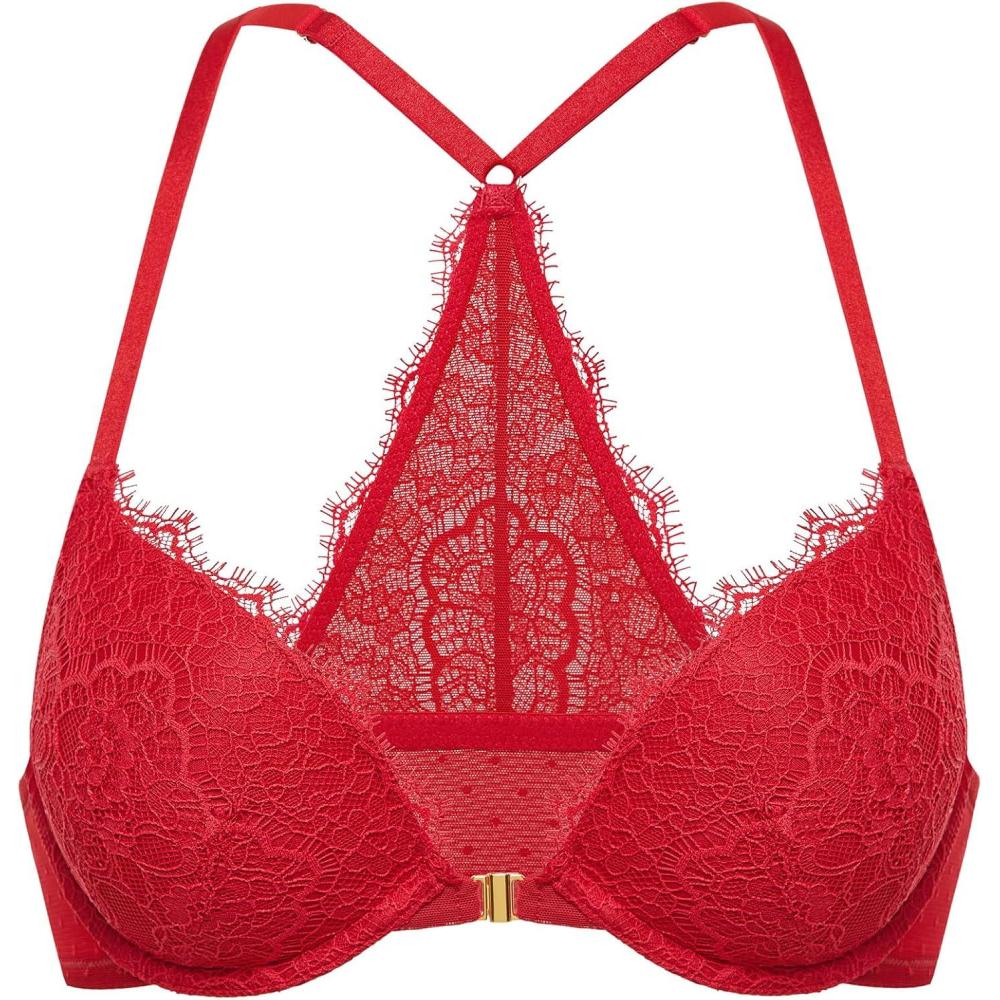 imageDOBREVA Womens Push Up Racerback Bra Front Closure Lace Halter Plunge Bras Padded Full Coverage UnderwireLipstick Red
