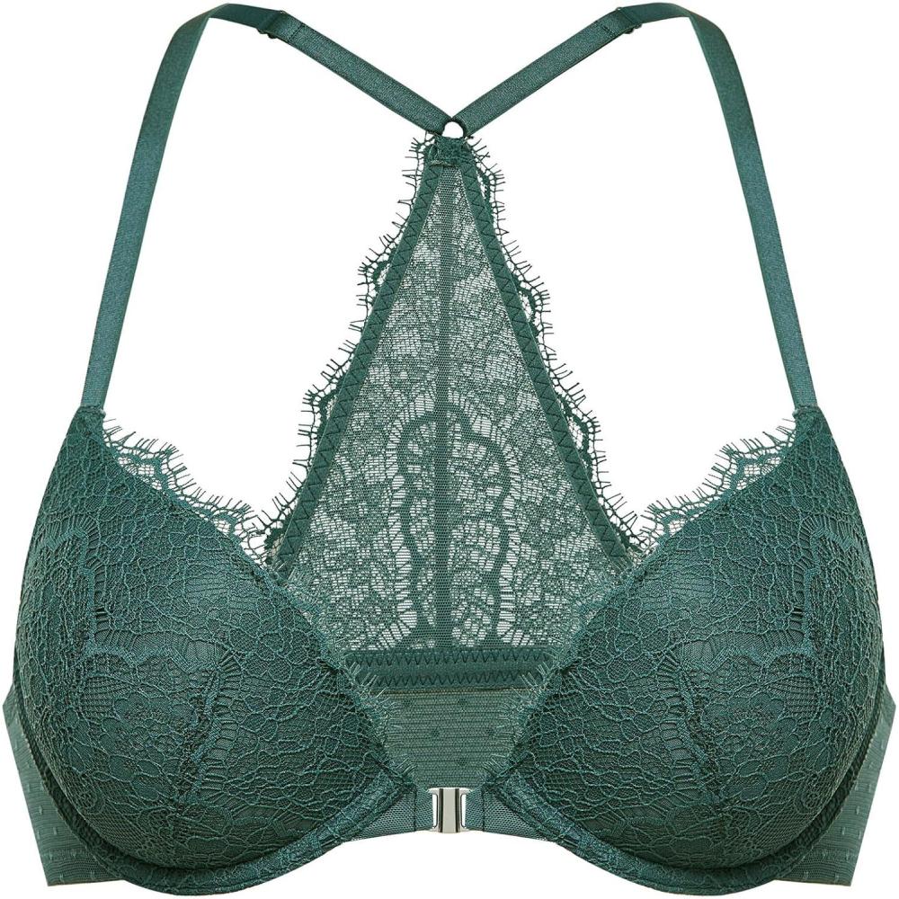 imageDOBREVA Womens Push Up Racerback Bra Front Closure Lace Halter Plunge Bras Padded Full Coverage UnderwireMidnight Emerald