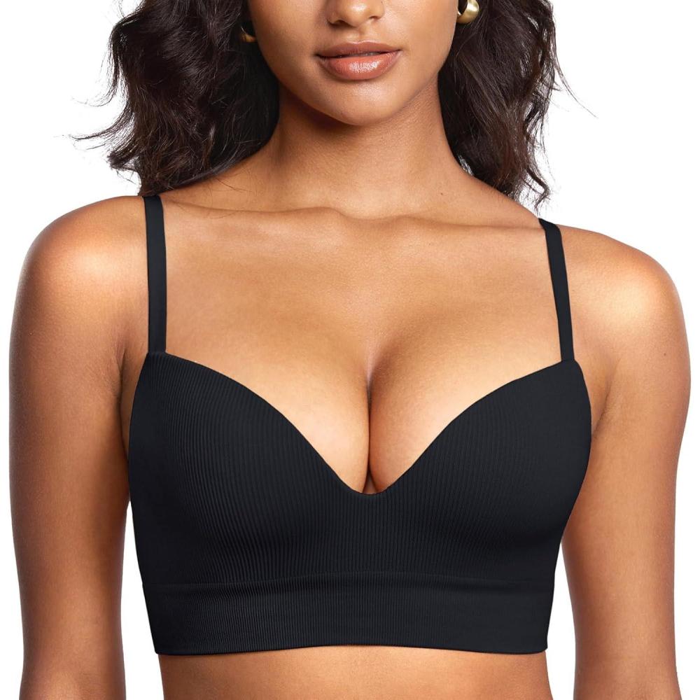 imageDOBREVA Womens Ribbed Wireless Push Up Bra No Underwire Supportive Padded Longline BraletteBlack  Ribbed