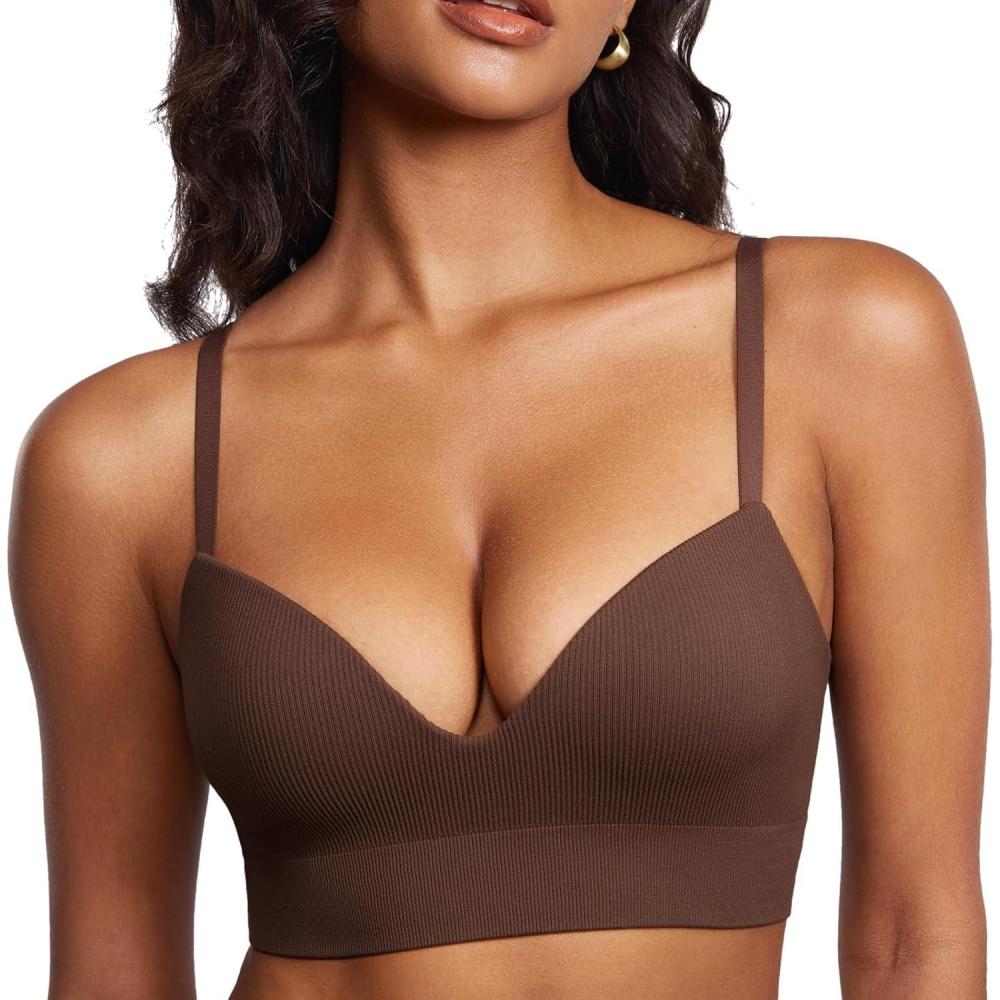 imageDOBREVA Womens Ribbed Wireless Push Up Bra No Underwire Supportive Padded Longline BraletteHazelnut  Ribbed