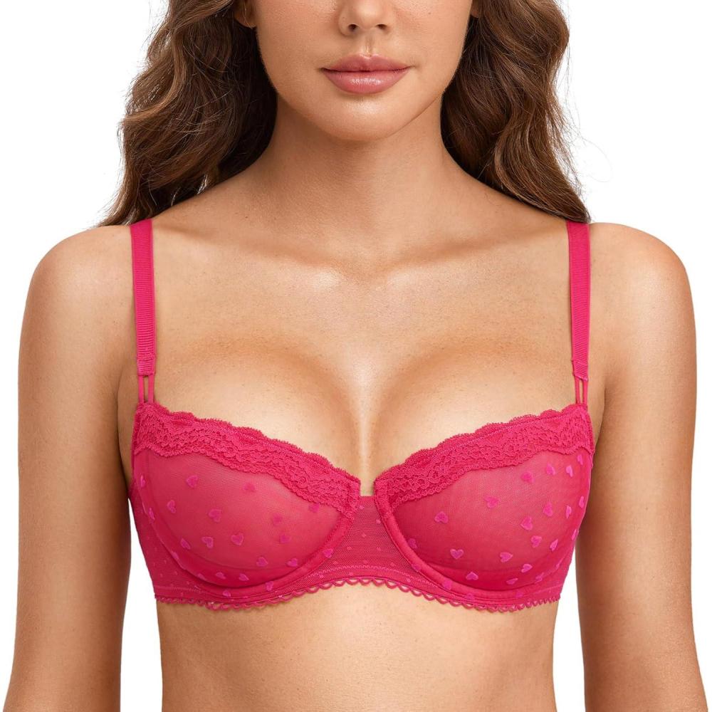 imageDOBREVA Womens Sexy Lace Bra Underwire Balconette Unlined Demi Sheer See Through Plus SizeBright Rose Dots