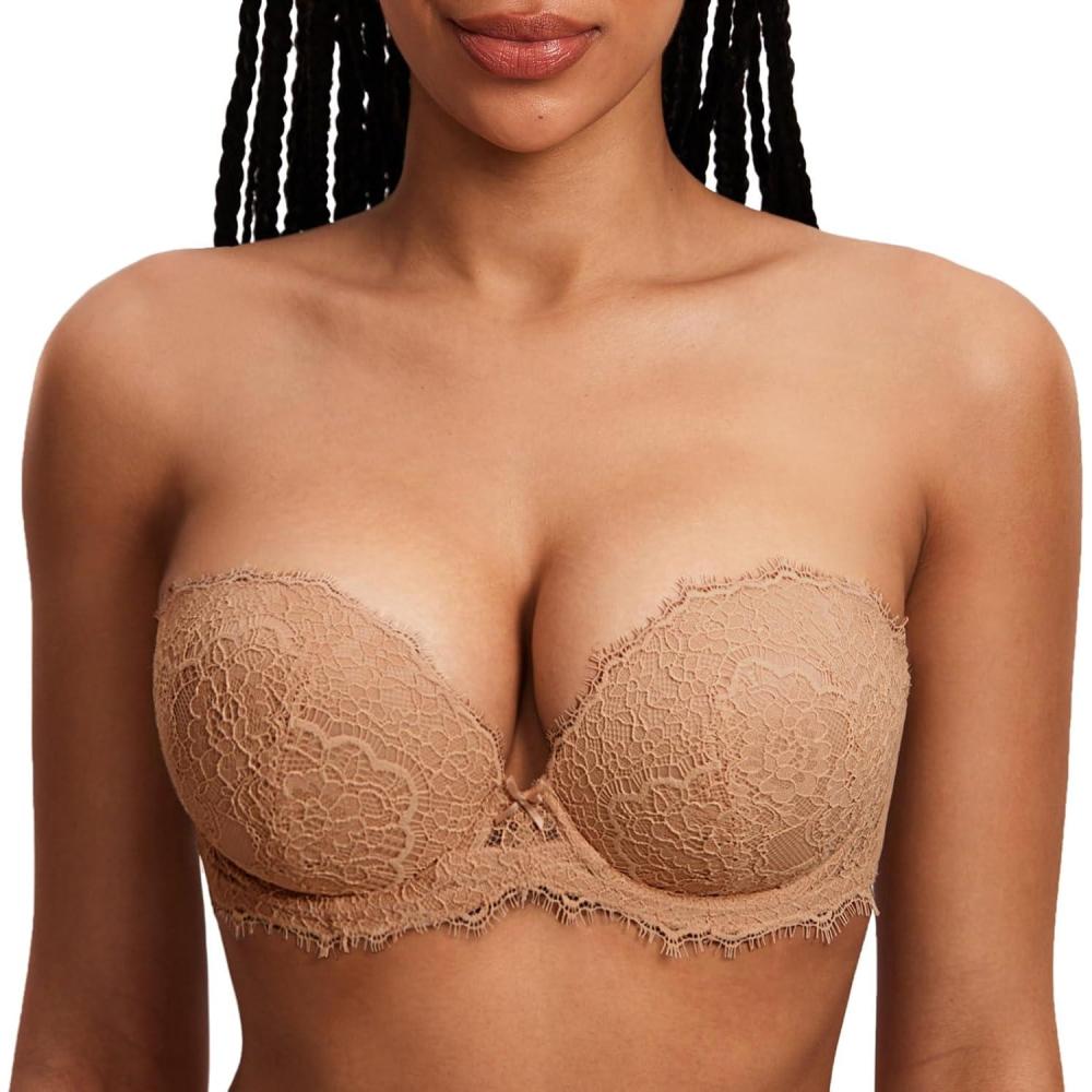 imageDOBREVA Womens Strapless Push Up Bra Lace Plus Size Plunge Padded Underwire Bras Add 1 CupGravel Beige