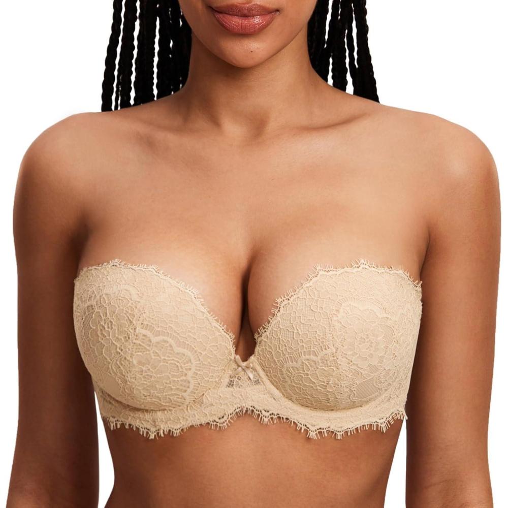 imageDOBREVA Womens Strapless Push Up Bra Lace Plus Size Plunge Padded Underwire Bras Add 1 CupLight Oatmeal