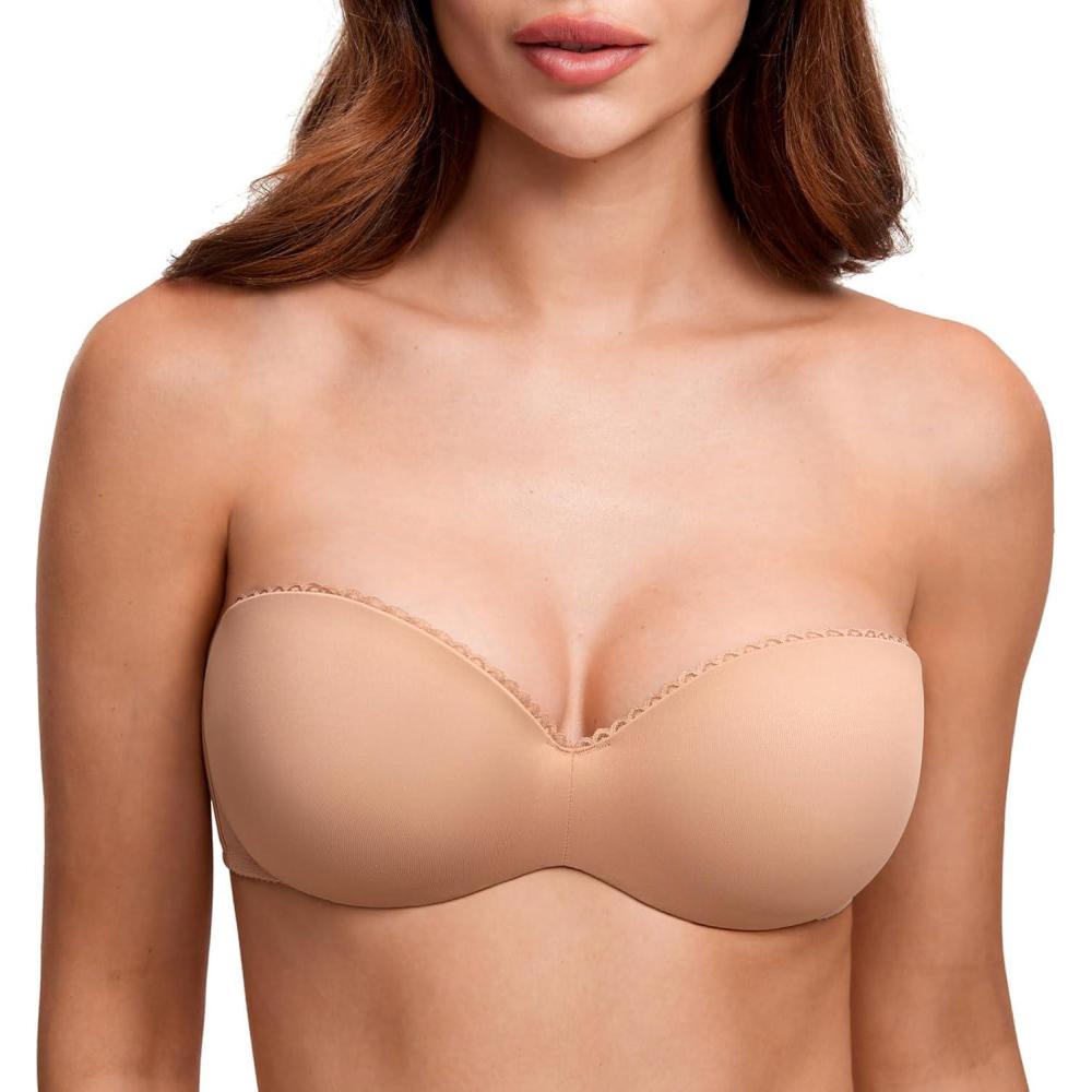 imageDOBREVA Womens Strapless Push Up Bra Plus Size Padded Underwire Multiway BandeauBarely Buff
