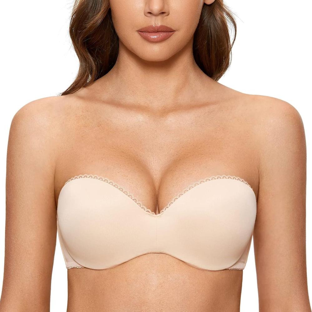imageDOBREVA Womens Strapless Push Up Bra Plus Size Padded Underwire Multiway BandeauBeige
