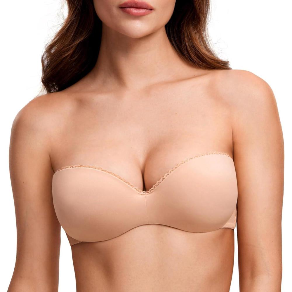 imageDOBREVA Womens Strapless Push Up Bra Plus Size Padded Underwire Multiway BandeauBlush Beige