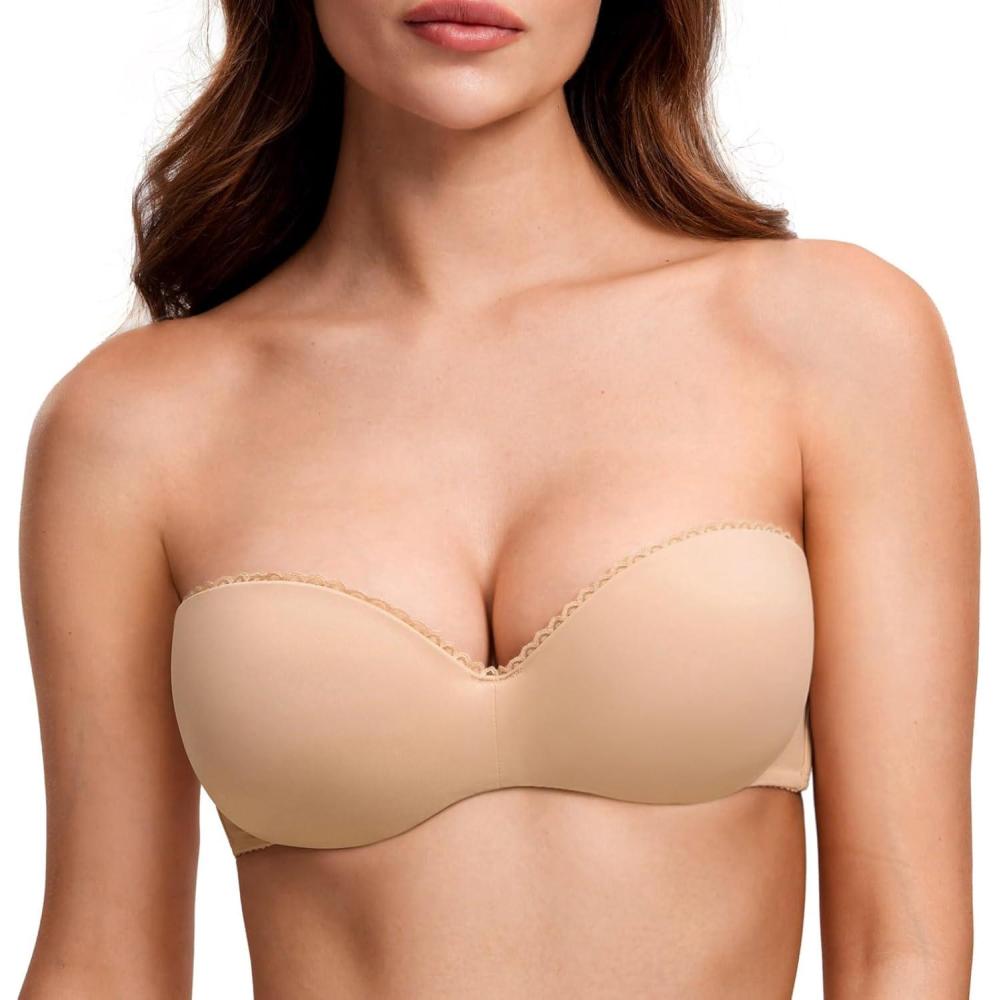 imageDOBREVA Womens Strapless Push Up Bra Plus Size Padded Underwire Multiway BandeauWarm Beige