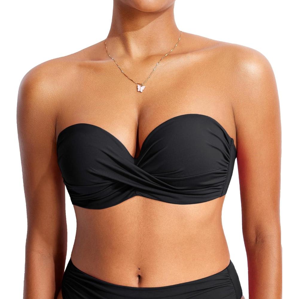 imageDOBREVA Womens Underwire Bandeau Bikini Top Sexy Strapless Bathing Suit Tops Halter Swimwear  Bra SizesBlack