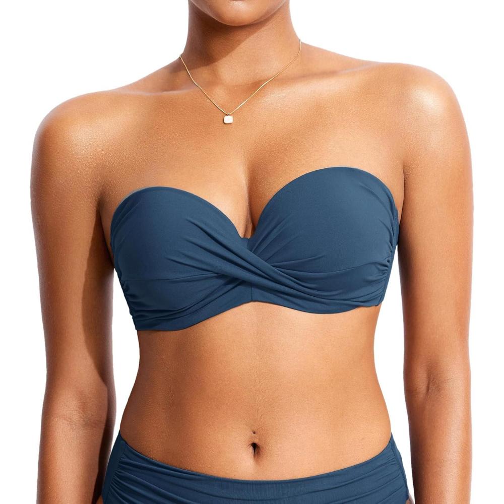 imageDOBREVA Womens Underwire Bandeau Bikini Top Sexy Strapless Bathing Suit Tops Halter Swimwear Bra SizesInsignia Blue
