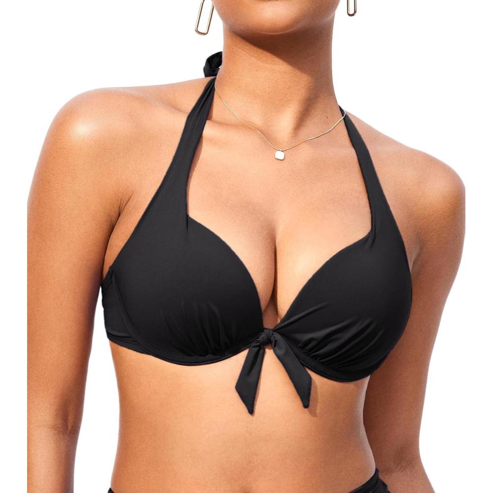 imageDOBREVA Womens Underwire Push Up Bikini Top Halter Bathing Suit Tops Sexy Supportive Swimsuits  Bra SizesBlack