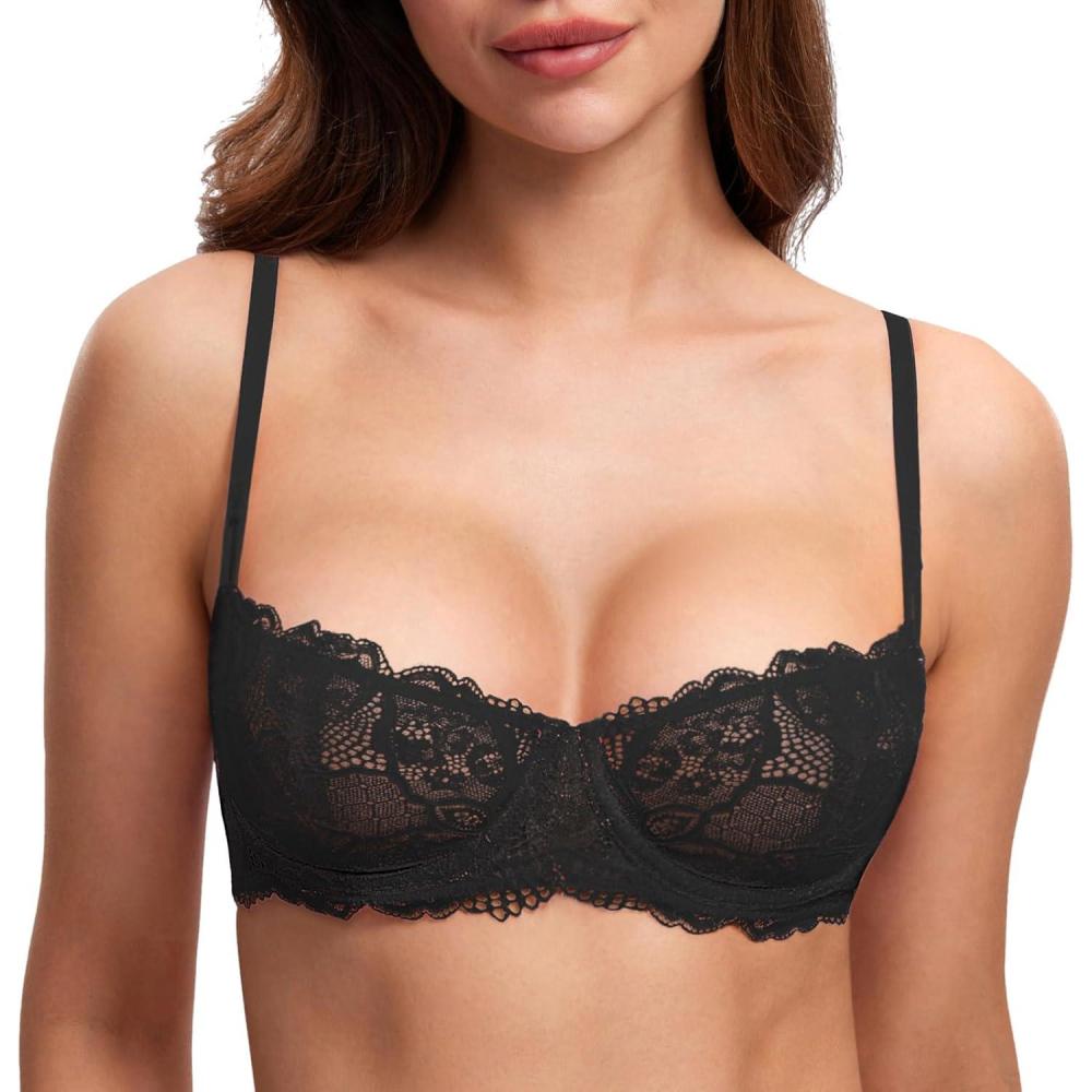 imageDOBREVA Womens Unlined Balconette Bra Sexy Lace Sheer Underwire Large Breasts Demi CupBlack