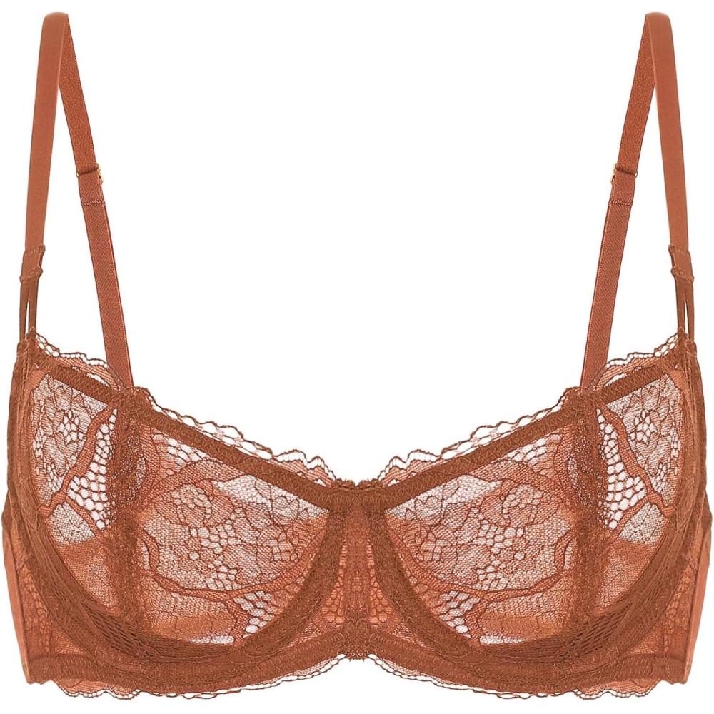 imageDOBREVA Womens Unlined Balconette Bra Sexy Lace Sheer Underwire Large Breasts Demi CupBronze Beige
