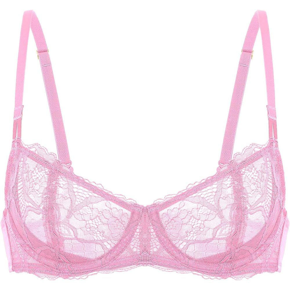 imageDOBREVA Womens Unlined Balconette Bra Sexy Lace Sheer Underwire Large Breasts Demi CupCandy Pink