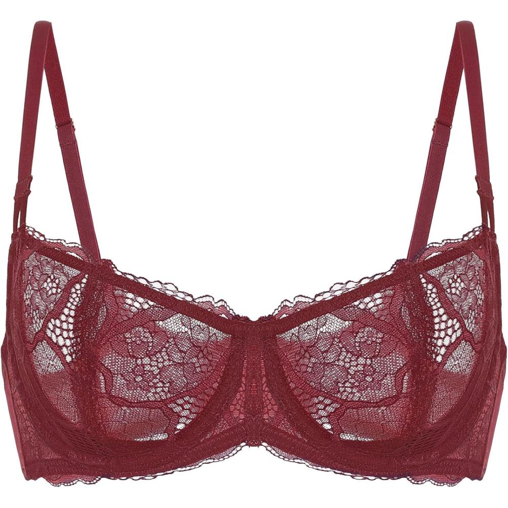 imageDOBREVA Womens Unlined Balconette Bra Sexy Lace Sheer Underwire Large Breasts Demi CupDark Red