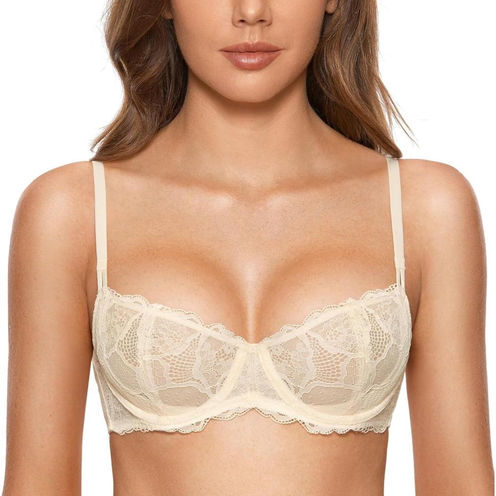 imageDOBREVA Womens Unlined Balconette Bra Sexy Lace Sheer Underwire Large Breasts Demi CupParchment