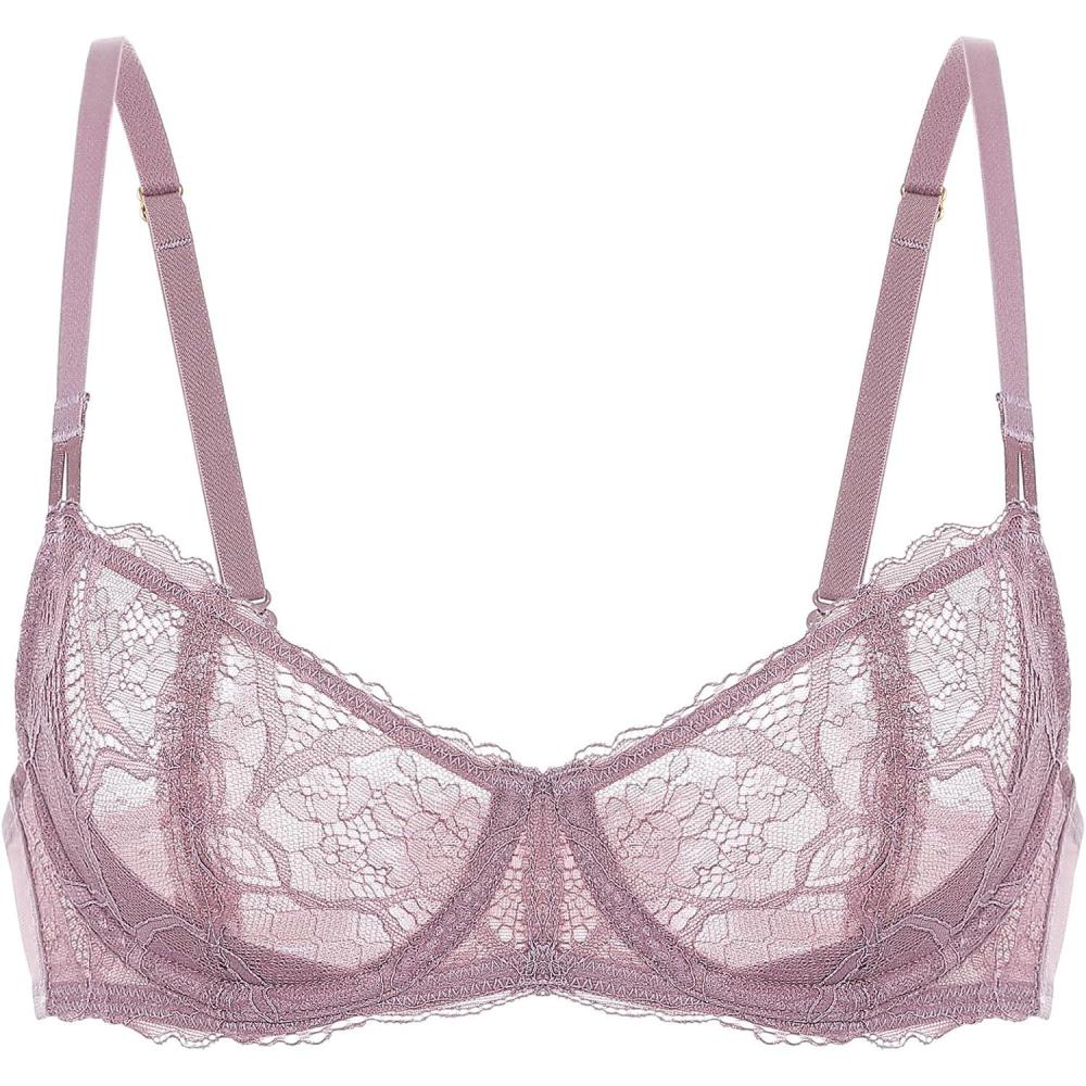 imageDOBREVA Womens Unlined Balconette Bra Sexy Lace Sheer Underwire Large Breasts Demi CupRose Brown