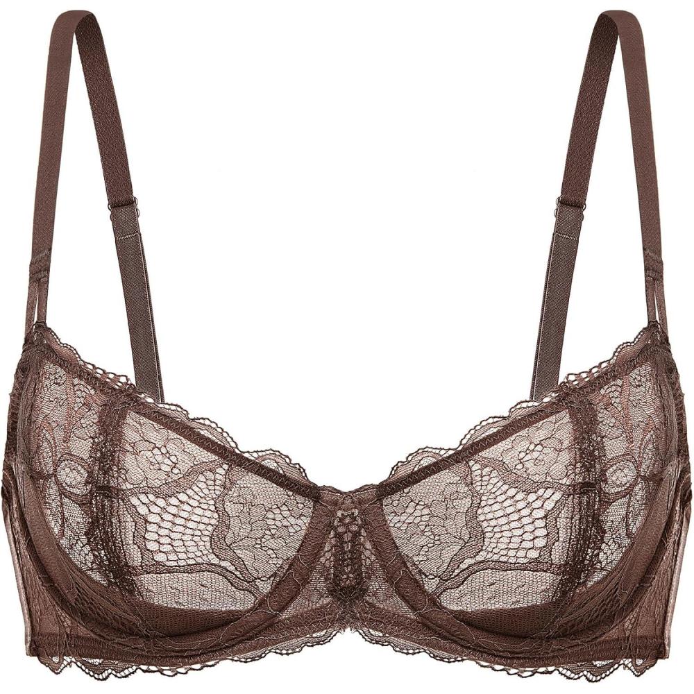 imageDOBREVA Womens Unlined Balconette Bra Sexy Lace Sheer Underwire Large Breasts Demi CupToasted Brown