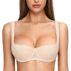 DOBREVA Women’s Backless Bra Low Back Halter Lightly Padded T Shirt Bras Underwire Full Coverage(Beige)
