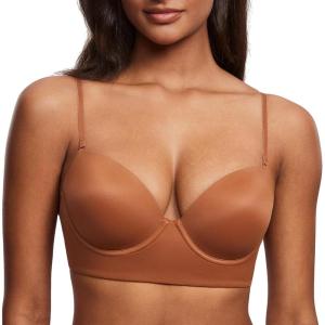 DOBREVA Women’s Backless Bra Low Back Halter Lightly Padded T Shirt Bras Underwire Full Coverage(Bronze Beige)