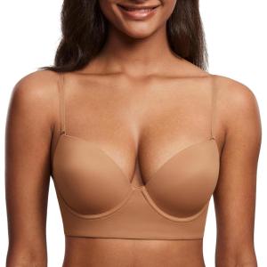 DOBREVA Women’s Backless Bra Low Back Halter Lightly Padded T Shirt Bras Underwire Full Coverage(Gravel Beige)