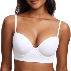 DOBREVA Women’s Backless Bra Low Back Halter Lightly Padded T Shirt Bras Underwire Full Coverage(White)