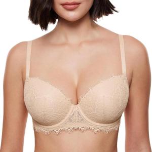 DOBREVA Women’s Balconette Bra Lace Lightly Padded Demi Full Coverage Plus Size Bras Underwire Support(Beige)