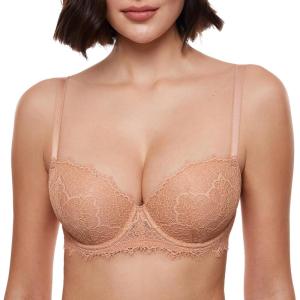 DOBREVA Women’s Balconette Bra Lace Lightly Padded Demi Full Coverage Plus Size Bras Underwire Support(Cream Coffee)