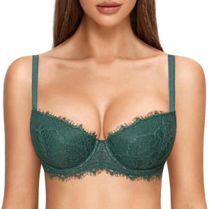 DOBREVA Women’s Balconette Bra Lace Lightly Padded Demi Full Coverage Plus Size Bras Underwire Support(Midnight Emerald)